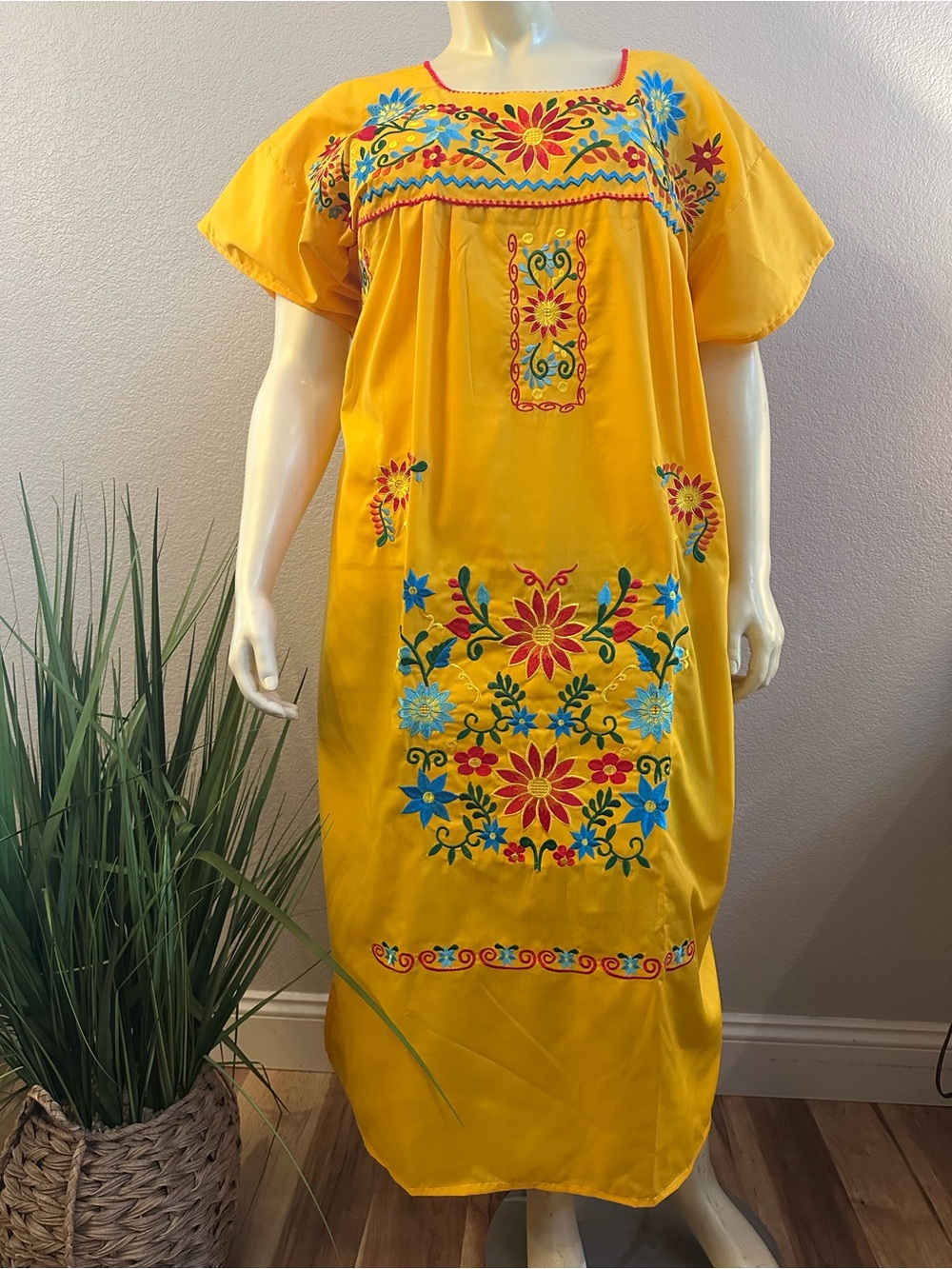 2XL-3XL-5XL Yellow  Embroidered Floral Mexican Maxi Dress